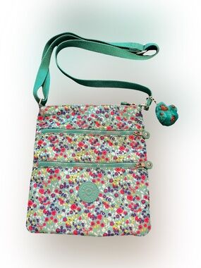 Kipling Alvar Teal Floral Mini Crossbody with Three Zip Pockets
